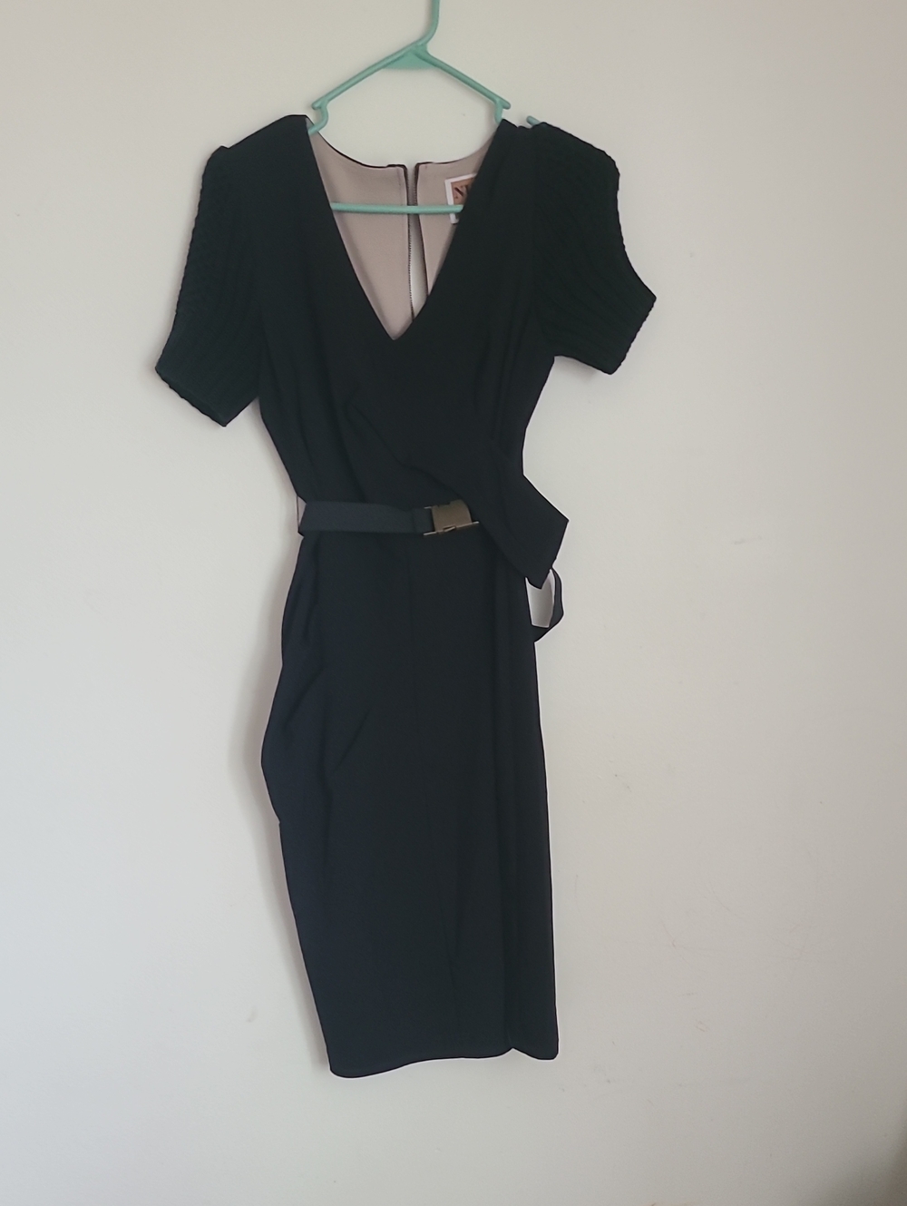 Nue by Shani Black V-Neck Belted Midi Dress